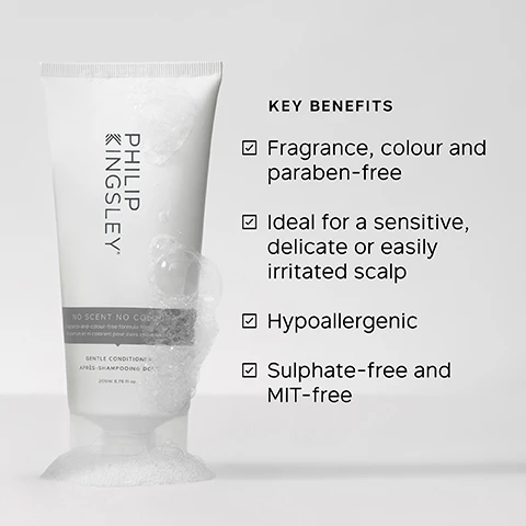 Image 1 - A shampoo conditioning product from Philip Kingsley is displayed with bubbles and a white background, and includes key benefits such as fragrance, color, and paraben-free, ideal for sensitive scalps, hypoallergenic, and sulphate-free and MIT-free.
Image 2 - A hand holds a tube of Philip Kingsley conditioner with visible text that reads BEST conditioner for sensitive scalp, HYDRATING and NOURISHING, CUSTOMER REVIEW.
Image 3 - A tube of Philip Kingsley conditioner is displayed, featuring a header labeled Key Ingredients with two bullet points describing Hydrolyzed Elastin and Amino Silicone.
Image 4 - A comparison image showing two side-by-side views of a persons hair, with the left side labeled BEFORE featuring long, straight, unstyled auburn hair, and the right side labeled AFTER showcasing voluminous, wavy auburn hair.
Image 5 - A person is holding a hand with a small amount of hair product being dispensed from a tube labeled Philip Kingsley, accompanied by the text that reads TRICHOLOGIST TIP After shampooing, gently work into the mid-lengths and ends of the hair, avoiding the roots. Rinse well.