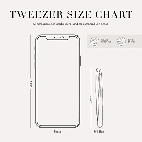 Image 1 - A size chart comparing tweezers to a phone, showing the phone dimensions as 5.8 inches in height and the tweezers as 3.6 inches with an illustration labeled Full Slant, and featuring icons for vegan, cruelty-free, and sanitizable products.