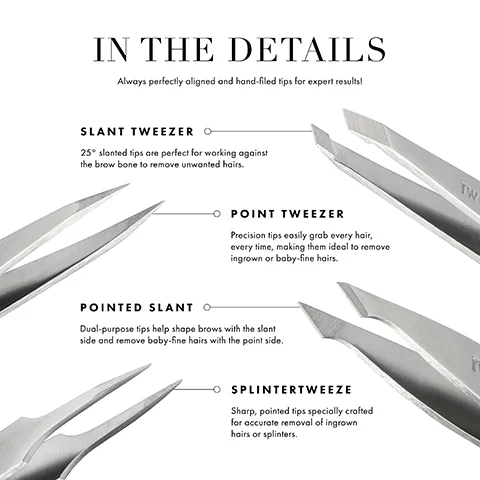 Image 1 - Image shows a collection of tweezers with a brief description of each type, including slant tweezers, point tweezers, pointed slant tweezers, and splinter tweezers, along with detailed text below each type describing their specific functions. The visible text includes IN THE DETAILS, SLANT TWEEZER, POINT TWEEZER, POINTED SLANT, and SPLINTERTWEEZE.