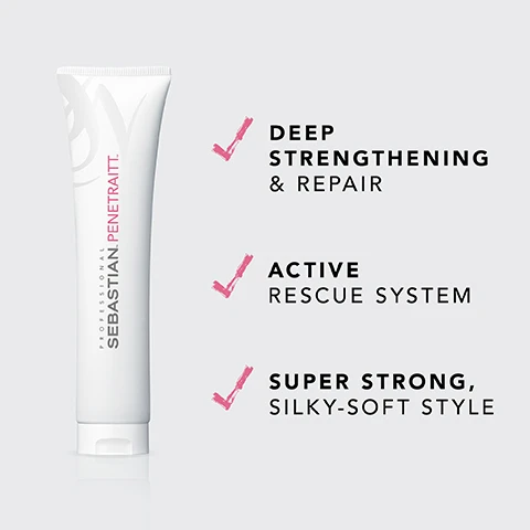 Image 2 - A white tube of Sebastian Penetraitt hair treatment is displayed with three bullet points highlighting its benefits: Deep strengthening & repair, Active rescue system, and Super strong, silky-soft style.
Image 4 - Image shows instructions for a hair product with icons; visible text includes HOW TO USE, REMOVE EXCESS WATER, DISTRIBUTE THROUGH THE HAIR, and LEAVE IN FOR 2-3 MINUTES AND RINSE THOROUGHLY.
Image 6 - A comparison image showing hair before and after styling, with the left side displaying frizzy and unstyled hair and the right side showing smooth and straightened hair; visible text includes BEFORE on the left and AFTER* on the right, with a note below stating *AFTER APPLICATION AND STYLING.
Image 7 - Image shows three bottles of hair care products, two white and one black, labeled Sebastian Penetraitt, with a text overlay that reads Combine with Penetraitt Shampoo & Penetraitt Mask for Extra Care.