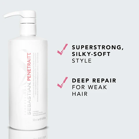 Image 2 - A white bottle with a pump labeled SEBASTIAN PENETRAITT displays text highlighting the benefits: SUPERSTRONG, SILKY-SOFT STYLE and DEEP REPAIR FOR WEAK HAIR.
Image 4 - Image shows a guide with three steps for use: a water droplet icon labeled REMOVE EXCESS WATER, a hand with flowing hair icon labeled DISTRIBUTE THROUGH THE HAIR, and a showerhead icon labeled RINSE THOROUGHLY, with the title HOW TO USE at the top.
Image 6 - Image shows a comparison of hair before and after treatment, with the left half displaying frizzy and voluminous hair labeled BEFORE and the right half showing smooth, straight hair labeled AFTER* with smaller text stating *AFTER APPLICATION AND STYLING.
Image 7 - Image shows three hair care product bottles, including a black bottle labeled SEBASTIAN PENETRAITT, a white bottle with a pump labeled SEBASTIAN PENETRAITT and a large white bottle, with the text Combine with PENETRAITT SHAMPOO & PENETRAITT CONDITIONER FOR EXTRA CARE prominently displayed beside them.