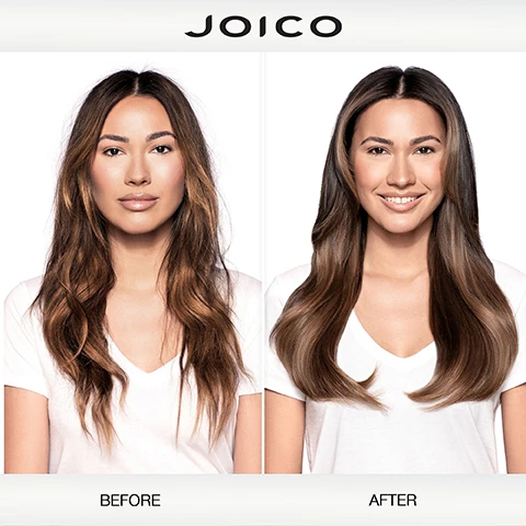 Image 2 - JOICO before and after image comparing a womans wavy hair with frizz to smooth, shiny hair with loose waves, labeled BEFORE and AFTER. Image 3 - A gold and red tube of Joico K-Pak Color Therapy hair conditioner on a red platform showing the text COLOR-PROTECTING CONDITIONER for colored hair prone to damage Helps to restore and protect hair for vibrant long-lasting hair color Doubles the hairs resistance to breakage Against combing breakage on damaged hair vs a non-conditioning shampoo when used with K-Pak Color Therapy Shampoo and Conditioner JOICO K-PAK COLOR THERAPY CONDITIONER REVITALISANT ACONDICIONADOR Preserve Color & Repair Damage SmartRelease 250 ml 85 fl oz. Image 4 - A Joico K-Pak Color Therapy conditioner bottle is shown with ingredients and text reading Keratin: A protective protein that actively seeks out damage and helps repair hair. African Manketti Oil: A rich source of vitamin E, natures well-known environmental protection against fading. Argan Oil: A powerhouse oil that helps deeply hydrate and nourish hair. JOICO K-PAK COLOR THERAPY COLOR-PROTECTING CONDITIONER to preserve color & repair damaged hair REVITALISANT PROTECTEUR DE COULEUR pour préserver la couleur et réparer les cheveux endommagés ACONDICIONADOR PROTECTOR DEL COLOR para conservar el color y reparar el cabello dañado SmartRelease 250 ml / 8.5 fl oz. Image 5 - An image shows the K-PAK COLOR THERAPY ROUTINE with five products aligned and labeled by steps: Step 1 SHAMPOO featuring K-Pak Color Therapy Color-Protecting Shampoo, Step 2 CONDITION/TREAT showing K-Pak Color Therapy Color-Protecting Conditioner OR K-Pak Color Therapy Luster Lock Instant Shine & Repair Treatment, Step 3 TREAT presenting K-Pak Color Therapy Luster Lock Multi-Perfector daily shine & protect spray, and Step 4 STYLE highlighting K-Pak Color Therapy Luster Lock Glossing Oil for color protection & shine. Image 7 - Three Joico K-Pak Color Therapy shampoo, conditioner, and spray products are shown with text Joico the joi of healthy hair Repair colored hair to shine & feel like silk.