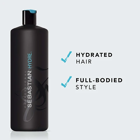 Image 2 - A black bottle of Sebastian Hydre hair product with a turquoise top, next to text that reads hydrated hair and full-bodied style.
Image 4 - An instructional image titled HOW TO USE featuring three steps: an icon of a hand with hair, followed by the text MASSAGE THE SHAMPOO INTO WET HAIR, an icon of a showerhead with water, followed by the text RINSE THOROUGHLY, and an icon of a circular arrow, followed by the text REPEAT IF NECESSARY.
Image 5 - Image shows three bottles of hair care products: one black and two white, with text suggesting to combine with hydra conditioner and hydra treatment for best results.