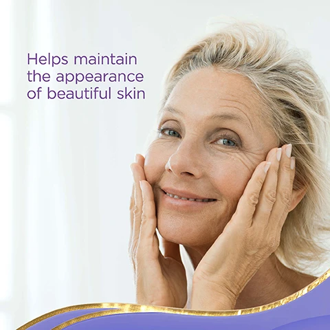 Image 1 - A smiling middle-aged woman with light blonde hair gently holds her face with both hands against a soft, bright background, with the text Helps maintain the appearance of beautiful skin displayed in purple.
Image 2 - A close-up of a womans face showing her smiling while touching her cheek, with text stating SCIENTIFICALLY PROVEN Reduce the signs of ageing in as little as 12 weeks and a calendar icon indicating WEEK 12.
Image 3 - A product box labeled Imedeen, featuring text about its benefits including vitamins C and E for cell protection from oxidative stress and vitamin C for collagen formation, along with the phrase beautiful skin begins within and prime renewal.
Image 4 - An image showing a hexagonal symbol for zinc labeled Zn, along with text stating Zinc contributes to normal DNA synthesis, and an illustration of DNA, accompanied by another circular image of a persons lower face with text that says Supports the maintenance of normal skin.
Image 5 - A woman with dark hair and a bright smile is shown from the side against a light gray background, with text stating helps combat the visible effects of ageing around the menopause.
Image 6 - A woman with wavy, light-colored hair smiles softly while touching her cheek, with the text Helps maintain skin elasticity and firmness displayed beside her.