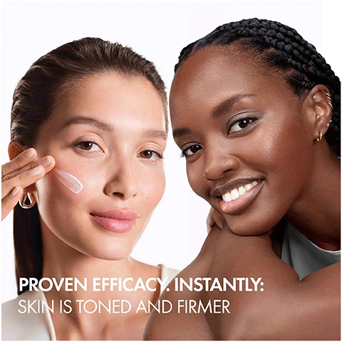 Image 1 - Two smiling women, one with long brown hair and the other with braided black hair, are shown with skincare products; visible text reads PROVEN EFFICACY: INSTANTLY: SKIN IS TONED AND FIRMER.
Image 2 - Image showing two cream jars side by side; on the left is labeled BEFORE with the text VICHY LIFTACTIV H.A. ANTI-WRINKLE FIRING CREAM, and on the right is labeled AFTER with the text VICHY HYALURONIC SPECIALIST H.A. DAY above an arrow pointing from the left jar to the right.
Image 3 - Image shows two close-up sections with bubbles; the top left section is labeled PURE HYALURONIC ACID, the top right is labeled VITAMIN CG, and the bottom section has the text FORMULA SMOOTHS THE APPEARANCE OF WRINKLES AND FINE LINES.
Image 4 - Image shows four skincare products from Vichy arranged on a counter, labeled as follows: Step 1: Serum, Step 2: Eye Care, Step 3: Day Cream, Step 4: Sunscreen, with the text COMPLETE YOUR ANTI-WRINKLE ROUTINE at the top.