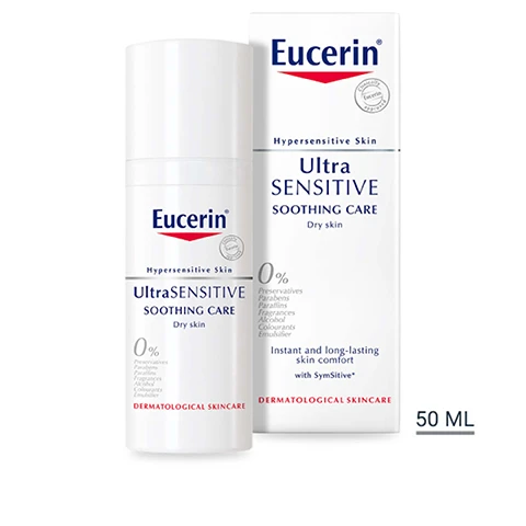 Image 1 - A white bottle and box of Eucerin Ultra Sensitive Soothing Care for dry hypersensitive skin with text including Eucerin, Hypersensitive Skin, Ultra SENSITIVE, SOOTHING CARE, Dry skin, 0% Preservatives Parabens Paraffins Fragrances Alcohol Colourants Emulsifier, Clinically Eucerin Approved, Instant and long-lasting skin comfort with SymSitive, DERMATOLOGICAL SKINCARE, and 50 ML. Image 2 - A hand holds a white bottle of Eucerin UltraSENSITIVE SOOTHING CARE Dry skin 0% MEDICAL SKINCARE, shown next to icons and text for DRY SKIN, SENSITIVE SKIN, DAY & NIGHT. Image 3 - Text on a grey panel overlaying a macro image of clear gel with bubbles reading PROVEN RESULTS* IMPROVEMENT IN SKIN SENSITIVITY AND REACTIVITY * SELF-ASSESSMENT STUDY WITH 53 WOMEN, 4 WEEKS OF REGULAR USE. Image 4 - A white smear of cream is shown on a white background with the heading KEY INGREDIENTS and text reading SYMSITIVE Acts as a sensitivity regulator at the source of hyperactivity. Image 5 - Image shows Discover More at the top, with headings Lotion, Sensitive, and Antiredness above three Eucerin UltraSensitive products: Ultra Sensitive Cleansing Lotion, UltraSensitive Soothing Care Normal to combination skin, and UltraSensitive Soothing Care Dry skin.