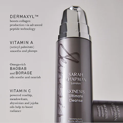 Image 1 - A close-up image of a sleek, silver skincare bottle labeled SARAH CHAPMAN London SKINESIS Ultimate Cleanse with text describing ingredients and benefits, including DERMAXYL™, VITAMIN A, Omega-rich BAOBAB and BORAGE oils, and VITAMIN C.