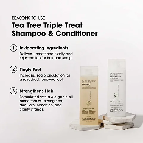 An image showcasing two bottles of Giovanni Tea Tree Triple Treat Shampoo and Conditioner placed on a textured surface, with text outlining their benefits: Invigorating Ingredients, Tingly Feel, and Strengthens Hair, along with details about their effects and formulation.