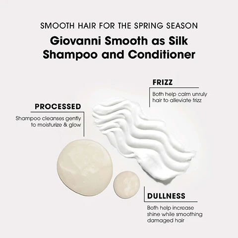 Image 1 - Image features a promotional graphic for Giovanni Smooth as Silk Shampoo and Conditioner with visuals of cream textures and labeled sections detailing benefits for frizz, dullness, and processing, along with the text SMOOTH HAIR FOR THE SPRING SEASON.
Image 2 - Image features two hair care products from Giovanni titled Smooth as Silk, with descriptions for a Deep Moisture Shampoo and a Deeper Moisture Conditioner, showcasing their benefits and application.
Image 3 - A reminder graphic features a blurred background of hair care products with text in a white box stating Give your hair the happy hour it deserves. Clean. Protect. Hydrate. Will Do!