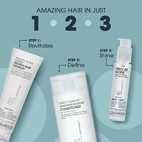 Image shows three hair care products arranged from left to right: a tube labeled Smooth as Silk Xtrem Hair Protein Infusion with Step 1: Revitalize, a bottle labeled Direct Leave-In Weightless Moisture Conditioner with Step 2: Define, and a pump bottle labeled Frizz Be Gone with Step 3: Shine, all against a light teal background with the text Amazing Hair in Just 1 2 3 above.