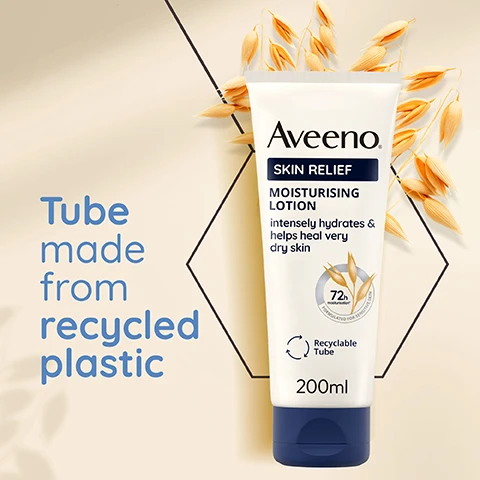 Image 1 - A tube of Aveeno Skin Relief Moisturising Lotion displaying information about its benefits, including intensely hydrates & helps heal very dry skin, with a note that the tube is made from recycled plastic and is recyclable, containing 200ml.
Image 2 - A man with short, curly hair is applying a moisturizing cream to his shoulder while smiling gently, with text on the image stating 72h Moisturisation Intensely hydrates sensitive skin.
Image 3 - Image shows a collection of Aveeno skin relief products on a blue background, including hand cream, moisturizing lotion, body wash, and body oil spray, with text stating Moisturises & cleanses to help heal dry, irritable skin and product details.
Image 4 - A tube of Aveeno Skin Relief Moisturising Lotion is displayed on a blue background, with icons and text stating Vegan formula, Non greasy, and Unscented, along with a note that it intensely hydrates and helps heal very dry skin.
Image 5 - A person wearing a white coat holds a tube of Aveeno Skin Relief Moisturising Lotion, with text stating Formulated for sensitive skin and Dermatologist tested alongside icons for each claim.
Image 6 - Image shows a blue background with a close-up of an oat kernel held by tweezers, a spoon containing oat powder, and an oil droplet, accompanied by text that reads With soothing triple OAT complex & shea butter.
Image 7 - An illustration of a cracked surface representing dry skin, with the text For very dry, sensitive & irritable skin below the graphic.
