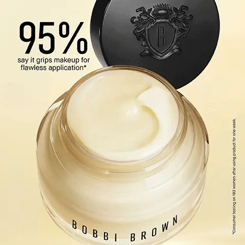 Image 1,  95% say it grips makeup for flawless application* BOBBI BROWN *Consumertesting on 183 women after using product for one week. Image 2,  STEP 1 NEW VITAMIN ENRICHED SMOOTHING SERUM SMOOTH & GLOW STEP 2 VITAMIN ENRICHED EYE BASE EYE PREP & PRIME 80881 BROVI STEP 3 VITAMIN ENRICHED FACE BASE MOISTURISE & PRIME STEP 4 VITAMIN ENRICHED SKIN TINT SPF15 EVEN TONE. PERFECT & PROTECT Image 3,  BLEND OF VITAMINS B, C, AND E Helps condition skin BOBBI BROWN GRAPEFRUIT AND GERANIUM Energize the senses with an uplifting scent
