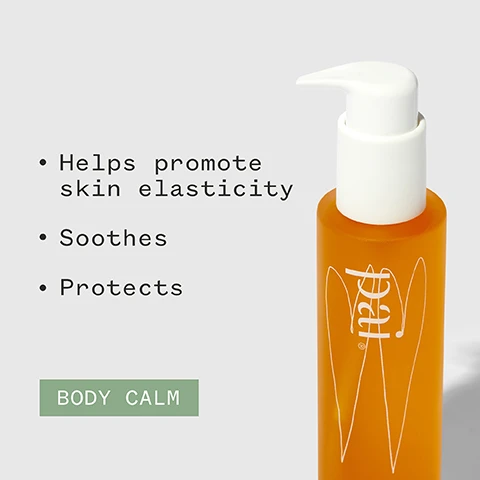 Image 1 - Image of a bottle of body oil with a white pump cap on a light gray background; text on the left lists benefits: helps promote skin elasticity, soothes, protects, and at the bottom, it says BODY CALM.
Image 2 - A tube of The Gemini Cream with pomegranate and pumpkin seed, promoting its benefits for moisturising during pregnancy and featuring a quote from Sarah G about its effectiveness, alongside certification logos for organic and vegan products.