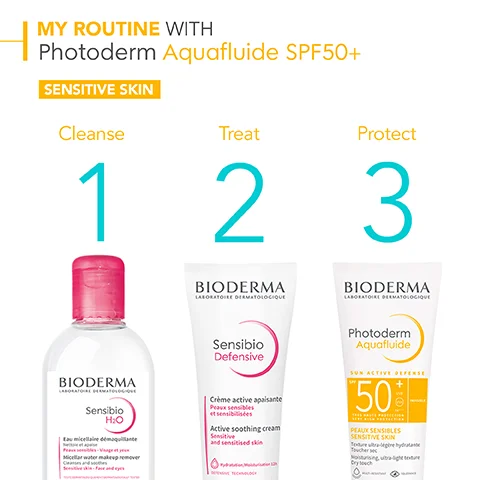 MY ROUTINE WITH Photoderm Aquafluide SPF50+ SENSITIVE SKIN Cleanse Treat Protect 1 2 3 BIODERMA LABORATOIRE DERMATOLOGIQUE BIODERMA LABORATOIRE DERMATOLOGIQUE Sensibio Defensive Photoderm Aquafluide BIODERMA Sensibio H:O Eau micellaire démaquillan Micellar water make Crème active apaisante Peaux sensibles et sensibilisées Active soothing cream Sensitive and sensitised skin SUN ACTIVE DEFENSE 50%- PEAUX SENSIBLES SENSITIVE SKIN Toure ultra-legre hydra There Moisturising ultra-light Cry TECHN
