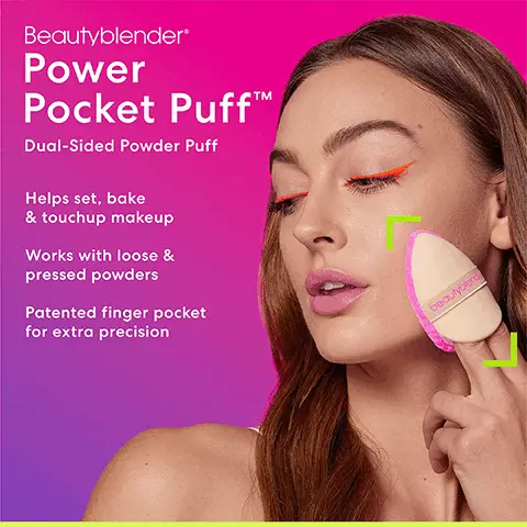 Beautyblender power pocket puff, dual-sided powder puff. Helps set, bake & touchup makeup. Works with loose & pressed powders. Patented finger pocket for extra precision. Multi-use dual-textured for a flawless finish on demand. Pink side for initial application. Tan side for touchups on-the-go. A filter in a puff. Teardrop-shaped puff provides expert control to easily & precisely set. Viral patented double-sided puff. Gel pocket for inseting fingers for further precision. Dual-sided. Tan side gently re-blends for seamless touchups. Plush pink side grabs & deposits the perfect amount of powder.