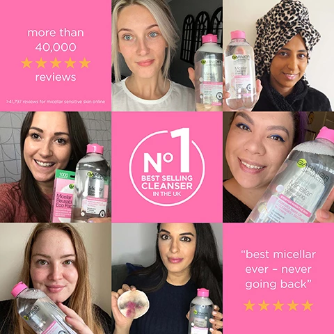 Image 1, more than 40,000 5 star reviews, no 1 best selling cleanser in the UK, best micellar ever - never going back. Image 2, cruelty free international, all garnier products are officially approved by cruelty free international under the leaping bunny program. Image 3, cruelty free, recognising garnier's research into skincare - british skin foundation. vegan formula, bottle is made from recycled plastic, recycled cap, label and additives.