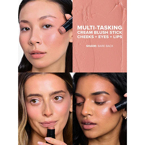 Image 1 - Three women are shown applying a cream blush stick on their cheeks, eyes, and lips, with the product details in the background reading MULTI-TASKING CREAM BLUSH STICK CHEEKS + EYES + LIPS SHADE: BARE BACK.
Image 2 - A close-up of a woman with dark skin and curly hair, showing three colored stripes on her cheek, and text indicating the use of a multi-tasking blush stick for eyes, cheeks, and lips, along with the product name EASY STRIPE, BLEND, GO.
Image 3 - A chart comparing three types of nude blush products, featuring images of models using each blush, with sections for texture, finish, and benefits of each product: Nudies Matte Cream, Nudies Bloom Blush, and Nudies Matte Lux Blush.
Image 4 - Image shows a stack of lip products in various colors with a light background, alongside text that highlights features of the makeup: moisturizing and natural antioxidant (Vitamin E), soft blurring and oil-absorbing (Kaolin & Silica Minerals), and 50% emollient-rich complex, and includes the labels CLEAN, VEGAN, and CRUELTY-FREE.
Image 5 - Three arms are shown with swatches of various lip colors in a vertical arrangement, each swatch labeled with the corresponding color name, including Body Language, Naughty in Spice, Sunset Strip, Picante, Moodie Blu, Chérie, Bare Back, In the Nude, Salty Siren, Nude Peach, Sunkissed Pink, and Bubba.
Image 6 - Image of three makeup products, including a stick blush with a purple top and two round containers in orange and black; text highlights BOLD BLUSH, CREAM COLOR For Cheeks + Eyes + Lips On The Go, along with product features: EASY TO BLEND, LONG WEARING, and RICH COLOR PAYOFF.
Image 7 - The image displays various shades of blush organized into two categories: Bold Blush on the left with colors like Nude Peach, Sunset Strip, Picante, and Moodie Blu, and Natural Blush on the right featuring shades such as Bare Back, Sunkissed Pink, Naughty N Spice, Cherie, In the Nude, and Bubba.
Image 8 - A black tin container with a travel mirror lid holds a cosmetic product labeled NUDIES ALL OVER FACE COLOR, with the message encouraging reusable packaging and recycling.