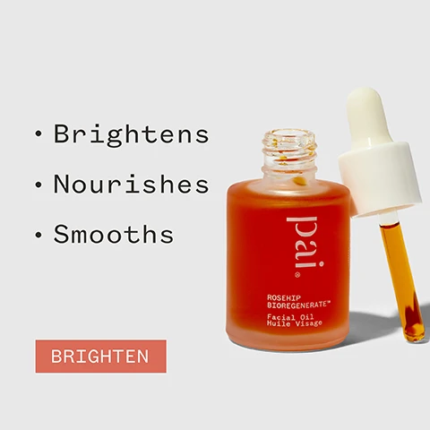 Image 1 - A bottle of facial oil with a dropper is displayed against a light grey background, alongside bullet points listing its benefits: Brightens, Nourishes, Smooths, and a call-to-action button labeled BRIGHTEN.
Image 2 - A person holds a dropper bottle of facial oil with the label pai while dispensing an oil drop, and the image includes text stating 700% more antioxidants than market competitors along with certification logos for organic, vegan, and B Corporation status.