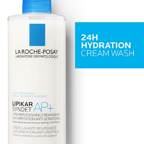 A white bottle of La Roche-Posay Lipikar Syndet AP+ cream wash with a blue cap, featuring product text and a light blue box stating 24H HYDRATION CREAM WASH.