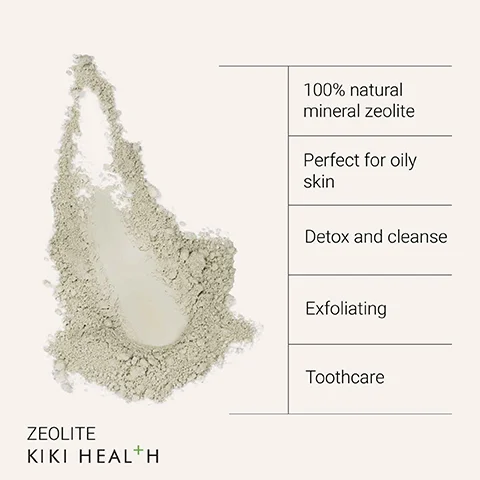 Image 1 - An image of a light gray powder resembling mineral zeolite is displayed, with text on the right side stating 100% natural mineral zeolite, Perfect for oily skin, Detox and cleanse, Exfoliating, and Toothcare; the brand name KIKI HEALTH is featured at the bottom.