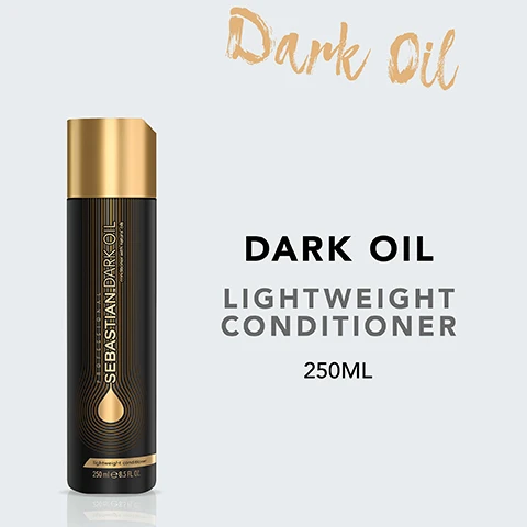 Image 2 - Image of a black bottle of conditioner with a gold cap, labeled Sebastian Dark Oil featuring the words Dark Oil, Lightweight Conditioner, and 250ML.
Image 3 - A black bottle of Sebastian Dark Oil with a gold cap is displayed, featuring text that highlights its benefits: detangles and smoothens hair, keeping it lightweight; smooths hair with body; and promotes 3x smoother hair, with a note about the comparison to non-conditioning shampoo.
Image 5 - A light background features three icons with corresponding instructions for hair care: a droplet icon with the text REMOVE EXCESS WATER, a hand with flowing hair icon with the text DISTRIBUTE THROUGH THE HAIR, and a showerhead icon with the text RINSE THOROUGHLY, along with the heading HOW TO USE at the top.
Image 7 - Image shows several dark brown jojoba seeds on green leaves with golden oil droplets in a black background; visible text reads Jojoba & Argan Oil.