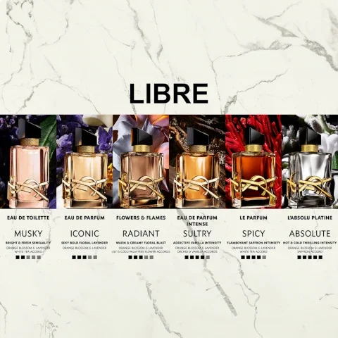 eau de toilette - musky. Bright and fresh sensuality, orange blossom and lavender white tea accord. Eau de parfum - iconic. sexy bold floral lavender orange blossom and lavender. flowers and flames - radiant. warm and creamy floral blash, orange blossom and lavender lily and coco palm tree flower accords. eau de parfum intense - sultry. addictive vanilla intensity, orange blossom and lavender orchid and vanilla accord. le parfum - spicy. flamboyant saffron intensity, orange blossom and lavender, white tea accord. l'absolu platine - absolute. hot and cold thrilling intensity. orange blossom and lavender saffron accord.