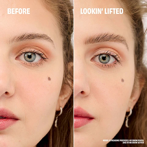 Image 1 - A split image shows a models face, with the left side labeled BEFORE displaying a natural look and the right side labeled LOOKIN LIFTED showcasing enhanced eyebrows; visible text at the bottom reads MODEL IS WEARING PRECISELY MY BROW PENCIL AND 24 HR BROW SETTER.
Image 2 - Image shows a dual-sided brow wand on a pink background, with text highlighting features: Dual-sided wand lifts & locks brows in place, 24-hour* staying power, Quick dry & mess-free, *instrumental test on 21 participants.
Image 3 - Image shows two eyebrow products on a pink background: a black brow setter brush beside a white brow wax applicator, with a swatch of cream on the surface, along with text detailing their features.