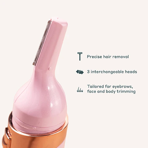 Image 1 - A pink hair removal device with a sleek design featuring three interchangeable heads, accompanied by text that reads Precise hair removal, 3 interchangeable heads, and Tailored for eyebrows, face and body trimming.
Image 2 - A pink, compact USB rechargeable hair removal device is shown from the top, along with visible text stating USB rechargeable, Compact & travel-friendly, and Smooth results without irritation or redness.
Image 3 - A close-up of a light pink hair removal device with a circular metallic blade on top, accompanied by text that reads: Pain-free and gentle, For all skin types, Metal plated for better skin protection.
Image 4 - A pink trimming device with a metal-plated head for skin protection is shown alongside two additional attachments, including a small face trimmer and a comb guard for adjusting trimming length, with text indicating features of the products.