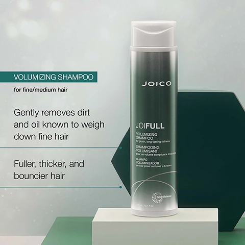 Image 3 - An image shows a bottle of Joico JoiFull Volumizing Shampoo next to text describing the product, with text that reads VOLUMIZING SHAMPOO for fine/medium hair Gently removes dirt and oil known to weigh down fine hair Fuller, thicker, and bouncier hair JOICO JOIFULL VOLUMIZING SHAMPOO for plush, long-lasting fullness SHAMPOOING VOLUMISANT pour un volume somptueux et durable CHAMPÚ VOLUMINIZADOR para dar grosor suntuoso y duradero SmartRelease 300 ml / 10.1 fl oz. Image 4 - Image of a Joico Joifull Volumizing Shampoo bottle with ingredients like bamboo extract, lotus flower, and rice protein, featuring text JOICO JOIFULL VOLUMIZING SHAMPOO for plush, long-lasting fullness SHAMPOOING VOLUMISANT pour un volume somptueux et durable CHAMPU VOLUMINIZADOR para dar grosor suntuoso y duradero SmartRelease 300 ml / 10.1 fl oz Bamboo extract: Helps build volume and promotes thicker, stronger, shinier strands. Lotus flower: Helps improve elasticity and the healthy appearance of hair. Rice protein: Helps strengthen and thicken hair, providing a fuller feel + visible lift to fine hair. Image 5 - A display of three Joico Joifull hair products including shampoo, conditioner, and styler with text JOIFULL ROUTINE JOICO JOIFULL VOLUMIZING SHAMPOO for plush, long-lasting fullness SHAMPOOING VOLUMISANT pour un volume somptueux et durable CHAMPÚ VOLUMINIZADOR para dar grosor suntuoso y duradero 300 ml / 10.1 fl oz SmartRelease STEP 1: SHAMPOO JOICO JOIFULL VOLUMIZING CONDITIONER for plush, long-lasting fullness REVITALISANT VOLUMISANT pour un volume somptueux et durable ACONDICIONADOR VOLUMINIZADOR para dar grosor suntuoso y duradero 250 ml / 8.5 fl oz SmartRelease STEP 2: CONDITION JOICO JOIFULL VOLUMIZING STYLER for plush, long-lasting fullness & lift STYLISANT VOLUMISANT pour un volume et un soulèvement somptueux et durables VOLUMINIZADOR para dar grosor suntuoso, duradero y elevar 100 ml / 3.38 fl oz SmartRelease STEP 3: STYLE.