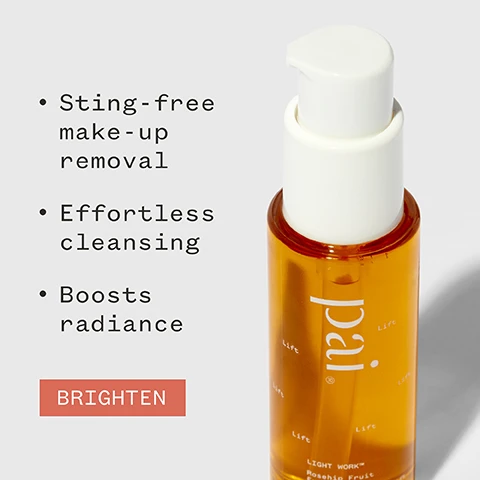 Image 1 - A bottle of facial cleansing oil with a white pump top is shown alongside text highlighting its features: sting-free make-up removal, effortless cleansing, and boosts radiance, with a bright red button labeled BRIGHTEN.
Image 2 - A close-up image of a transparent bottle containing a yellow liquid with bubbles, featuring the word lift prominently displayed, accompanied by five stars and a customer testimonial stating the first time a make-up remover hasnt irritated their sensitive skin, attributed to Freya W, along with organic and vegan certification logos.