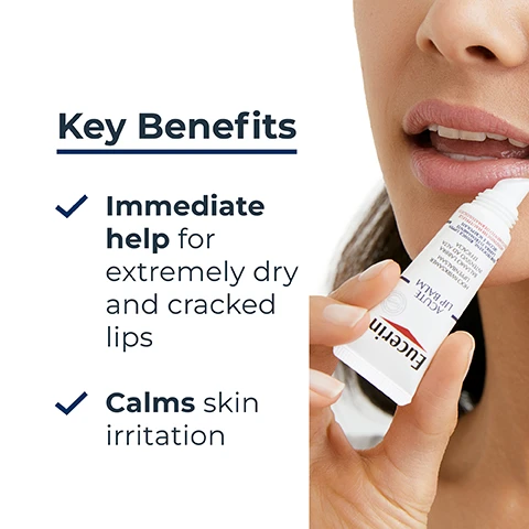 Image 3 - A close-up image of a woman applying a lip treatment to her lips, with text on the left listing key benefits: Immediate help for extremely dry and cracked lips and Calms skin irritation.
Image 4 - A hand holds a tube of Eucerin Aquaphor Lip Balm, with text alongside it stating very dry, chapped lips, calming, and for lips.
Image 5 - A white cream-like substance is shown on a flat surface, with labels pointing to three ingredients: Dexpanthenol, Glycerol, and Licocalcone A.
Image 6 - An image featuring a blue background with a light gradient, displaying the text Clinically proven, and below it, the statement Reduces lips dryness, itchiness and burning, followed by a small note stating *Contained usage study with woman aged 18-75.
Image 7 - Image shows three skincare products arranged vertically with the labels 1 LIP CARE, 2 DAY CREAM, and 3 NIGHT CREAM, and the text Recommended Routine at the top..