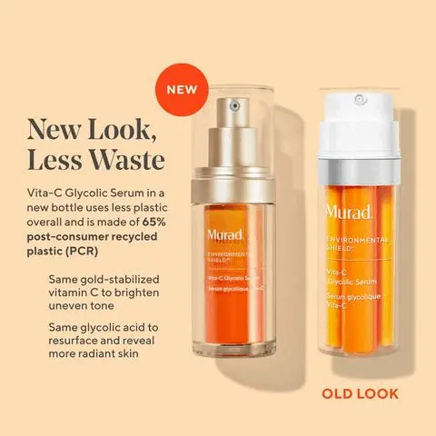 Image 1, before and after 2 weeks. image 2, 91% saw brighter skin, smoother skin with more glow. 94% agreed skin feels softer and more hydrated. proven results reported by trial participants in a 2 week clinical study. image 3, vita-c complex = delivers higher antioxidant defense, is highly bioavailable for increased absorption and ensures the stability and potency of vitamin c to brighten skin. glycolic acid = removes dulling surface cells to enhance vitamin c delivery. phyto-luminescent extract = transforms UV energy into a source of light that illuminates skin. image 4, brighter day and night. effiacious treatments to see fewer dark spots - fast. 1 = vita-c glycolic serum - use in the morning for brightening and antioxidant defense. 2 = rapid dark spot correcting serum - use at night to target dark spots, smooth and boost radiance by morning. image 5, NEW New Look, Less Waste. Vita-C Glycolic Serum in a new bottle uses less plastic overall and is made of 65% post-consumer recycled plastic PCR. Same gold-stabilized vitamin C to brighten uneven tone. Same glycolic acid to resurface and reveal more radiant skin. OLD LOOK.