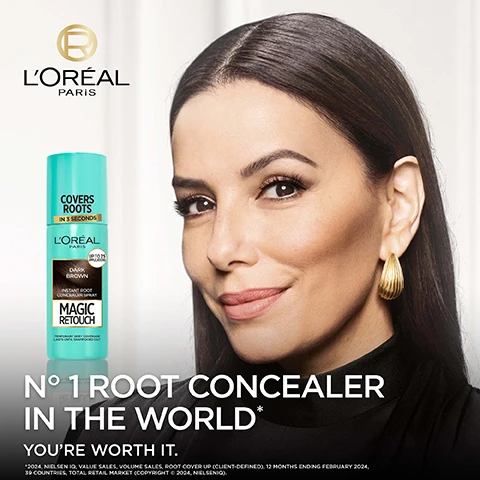 Image 1 - A woman smiles next to a bottle of root concealer spray with the text LORÉAL PARIS COVERS ROOTS IN 3 SECONDS LORÉAL PARIS DARK BROWN INSTANT ROOT CONCEALER SPRAY MAGIC RETOUCH N° 1 ROOT CONCEALER IN THE WORLD* YOURE WORTH IT. *2024, NIELSEN IQ, VALUE SALES, ROOT COVER UP (CLIENT-DEFINED) 12 MONTHS ENDING FEBRUARY 2024, 39 COUNTRIES, TOTAL RETAIL MARKET (COPYRIGHT © 2024, NIELSENIQ). Image 2 - Comparison image showing a womans hair before treatment with grey roots on the left labeled BEFORE and after treatment with roots colored on the right labeled AFTER, with text at the bottom reading REAL RESULTS - NO RETOUCHING. Image 3 - Five LOreal Magic Retouch root concealer spray cans in different shades are stacked next to text that reads INSTANT ROOTS COVERAGE, PERFECTLY BLENDS WITH DIFFERENT HAIR COLOURS. EVEN SALON ONES., DRIES IN 1 MINUTE., WATER-RESISTANT. Image 4 - Three steps showing how to apply LOreal Magic Retouch root spray with text EASY TO APPLY, 1 SHAKE WELL, 2 HOLD 10CM AWAY, 3 SPRAY! Image 5 - A teal can of LOréal hair spray with the text LOVED BY CONSUMERS N°1 ROOTS CONCEALER IN THE WORLD LOréal PARIS DARK BROWN INSTANT ROOT CONCEALER SPRAY MAGIC RETOUCH. Image 6 - A man holding a LOreal Magic Retouch spray can stands with two women, with text overlays reading MORE THAN A ROOTS CONCEALER, COVERS VISIBLE SCALP, FULLER-LOOKING HAIR, MORE VOLUMINOUS LOOKING HAIR. Image 7 - A hand sprays LOréal Magic Retouch Instant Root Concealer Spray in Brown, with text listing features LORÉAL PARIS BROWN INSTANT ROOT CONCEALER SPRAY MAGIC RETOUCH TEMPORARY GREY COVERAGE LASTS UNTIL WASHED OUT 1 PERFECTLY CONCEALS YOUR GREYS 2 UP TO 25 USES 3 WASHES OUT IN 1 SHAMPOO.