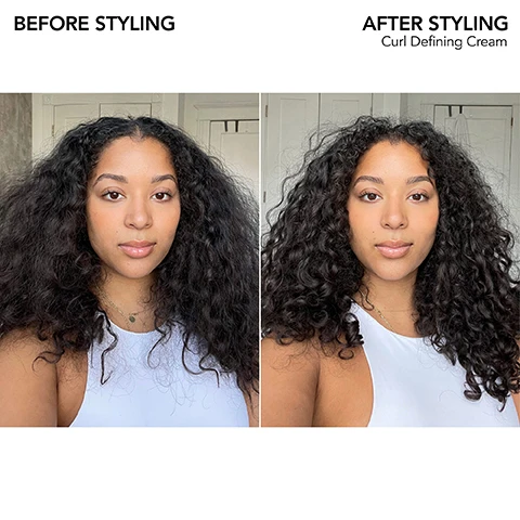 Image 1 - Image showing a side-by-side comparison of a woman with long, curly hair; the left side labeled Before Styling shows her hair frizzed and loose, while the right side labeled After Styling shows her hair defined and styled using Curl Defining Cream, highlighting the difference in texture and appearance.
Image 2 - A woman smiling is shown in two side-by-side images, with the left labeled BEFORE STYLING showing voluminous, unstyled hair and the right labeled AFTER STYLING displaying defined curls and the text Curl Defining Cream.
Image 3 - Image shows a purple background with white text that reads Bb.Curl at the top, followed by a description stating OUR CURL COLLECTION IS ENHANCED WITH A RICH BLEND OF OILS AND BUTTERS TO DEEPLY MOISTURIZE HAIR, and lists five ingredients: JOJOBA OIL - oil rich in omega fatty acids, AVOCADO OIL - plant oil rich in oleic acid, omega-9, COCONUT OIL - lightweight oil known to penetrate strands, COCOA BUTTER - decadent plant butter powered by fatty acids, and SHEA BUTTER - nutrient-rich butter.
Image 4 - A bottle of Bumble and bumble Bb Curl Defining Cream is centered on a lavender background, surrounded by icons representing its benefits, including UV filters, moisturizing properties, detangling, softening, reducing frizz, leaving hair shiny, and replenishing. The visible text on the bottle reads Bumble and bumble Bb Curl DEFINING CREAM 5.1 FL OZ (150 ML).
Image 5 - Two bottles of hair cream against a light purple background: one labeled Curl Defining Cream for thick to medium hair types, and another labeled Curl Light Defining Cream for medium to fine hair types, both describing their respective benefits and features.