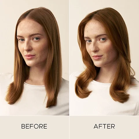 Before and after image of a woman with shoulder-length red hair, showing her hair straight before and with more volume and waves after, with text labels BEFORE and AFTER.