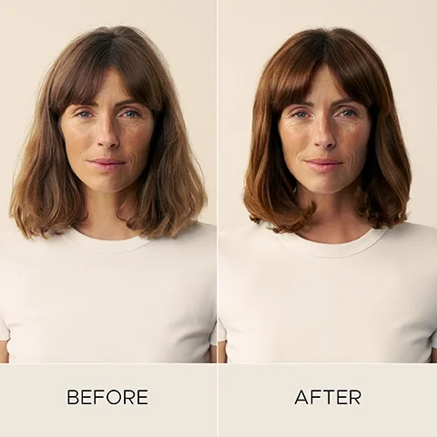 Side by side before and after images of a woman with text below each image BEFORE and AFTER.
