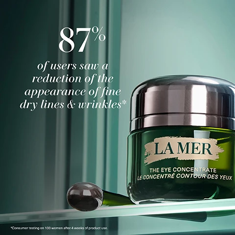 Image 1 - A green jar of La Mer The Eye Concentrate with a silver lid is placed against a mint-colored background, accompanied by the text 87% of users saw a reduction of the appearance of fine dry lines & wrinkles* and a footnote stating Consumer testing on 103 women after 4 weeks of product use.
Image 2 - Image showing three skincare products from La Mer: The Eye Concentrate, The Concentrate, and The Night Concentrate, with descriptions of each products benefits and application times displayed beside them.