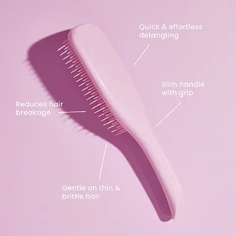 Image 1, uick & effortless detangling Reduces hair breakage Slim handle with grip Gentle on thin & brittle hair Image 2,  15.5 22.1 cm cm 5.3 cm The Ultimate Detangler Mini Great for small hands 6.6 cm The Ultimate Detangler Fine & Fragile 23.6 cm ་ 7.9 cm The Ultimate Detangler Large Great for Thick & Curly Hair Types