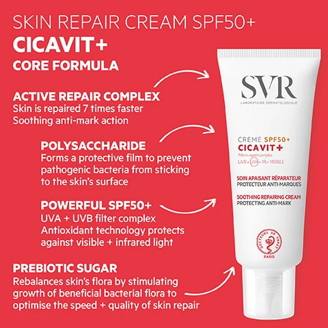 Image 3 - The image displays a white SVR Cicavit+ Skin Repair Cream SPF50+ tube on a red background with white arrows pointing from descriptive benefits to the tube, and includes the text: SKIN REPAIR CREAM SPF50+ CICAVIT+ CORE FORMULA, ACTIVE REPAIR COMPLEX Skin is repaired 7 times faster Soothing anti-mark action, POLYSACCHARIDE Forms a protective film to prevent pathogenic bacteria from sticking to the skins surface, POWERFUL SPF50+ UVA + UVB filter complex Antioxidant technology protects against visible + infrared light, PREBIOTIC SUGAR Rebalances skins flora by stimulating growth of beneficial bacterial flora to optimise the speed + quality of skin repair, SVR LABORATOIRE DERMATOLOGIQUE, CREME SPF50+ CICAVIT+ Micro-repair complex UVB + UVA + IR + VISIBLE, SOIN APAISANT RÉPARATEUR PROTECTEUR ANTI-MARQUES, SOOTHING REPAIRING CREAM PROTECTING ANTI-MARK, and the logo DOCTEURS SVR VERET PARIS. Image 4 - A person with dark skin holds a white tube of SVR Creme SPF50+ CICAVIT+ cream, squeezing a thin line of pale yellow cream from its fine nozzle into their other open palm, with marketing text reading HIGH PRECISION Fine nozzle for clean, accurate application to delicate scars, moles + fresh tattoos. Image 5 - A smiling man applies white sunscreen to his bicep over a tattoo, with overlay text that reads HOW TO USE Apply generously + evenly to clean + dry skin before sun exposure Repeat application frequently to maintain protection, especially after sweating, swimming or towel-drying. Image 6 - A white tube of SVR Creme SPF50+ Cicavit+ is displayed against a red background, surrounded by text that reads: SVR LABORATOIRE DERMATOLOGIQUE, CREME SPF50+ CICAVIT+, Micro-repair complex, UVB + (UVA) + IR + VISIBLE, SOIN APAISANT RÉPARATEUR PROTECTEUR ANTI-MARQUES, SOOTHING REPAIRING CREAM PROTECTING ANTI-MARK, DOCTEURS SR VERET PARIS, HIGH PROTECTION Against UVA, UVB, infrared + visible light - all types of rays, 7X FASTER HEALING Damaged skin, repaired + protected in one product, POST PROCEDURE Ideal to protect + heal after facial treatments like micro-needling, peels or for post-op stitches + scars, MELT-IN TEXTURE Invisible + non-sticky Hydrating shield Waterproof, HYPOALLERGENIC Dermatologically tested. Image 8 - A hand holds two white SVR cream tubes, a larger one and a smaller one, against a light background, with promotional text Day + night, CICAVIT+ CREAM, 7 times faster healing for damaged + irritated skin, a red medical cross, CICAVIT+ SPF50+, Same active repair complex as CICAVIT+ Cream with added powerful SPF50+ sun protection against UVA, UVB, Infrared + visible rays, Precision nozzle for exact application, Great for scars + tattoos!, and text visible on the product tubes reads: SVR LABORATOIRE DERMATOLOGIQUE, on the larger tube CRÈME CICAVIT+ Micro-repair complex 43%, CRÈME APAISANTE RÉPARATION ACCÉLÉRÉE ANTI-MARQUES, SOOTHING CREAM FAST-REPAIR ANTI-MARK, Docteurs SVR Viret Paris, and on the smaller tube CRÈME SPF50+ CICAVIT+, Micro-repair complex UVB + UVA + IR + VISIBLE, SOIN APAISANT RÉPARATEUR PROTECTEUR ANTI-MARQUES, SOOTHING REPAIRING CREAM PROTECTING ANTI-MARK.