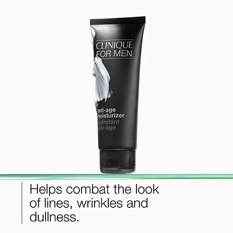 Image 1 - A black tube of Clinique For Men anti-age moisturizer is displayed on a glass surface, and the visible text includes a description of its benefits, stating that it helps combat the look of lines, wrinkles, and dullness.
Image 2 - A glass container with a white creamy substance and a spoon inside it, alongside a smooth, clear gel-like substance in a bowl, labeled Hyaluronic acid and Glycerin respectively.
Image 3 - A close-up image of a smooth, light-colored surface with a water droplet icon above the word hydrate and the word smooth below it.