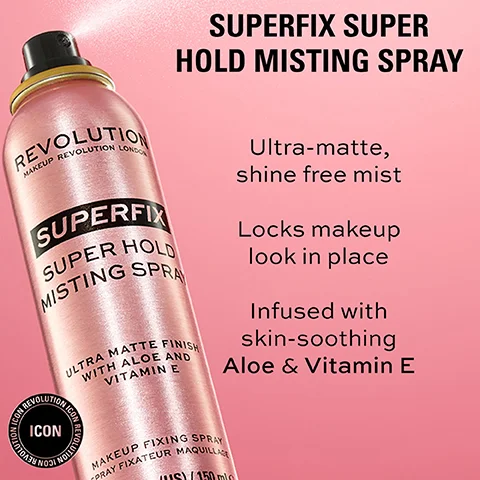 REVOLUTION MAKEUP REVOLUTION LONDO SUPERFIX SUPER HOLD MISTING SPRAY REVOLUTION ICON REVOLUTIO ULTRA MATTE FINISH WITH ALOE AND VITAMIN E REVOLUTION SUPERFIX SUPER HOLD MISTING SPRAY MAKEUP FIXING SPRAY PRAY FIXATEUR MAQUILLAGE US)/150 mio Ultra-matte, shine free mist Locks makeup look in place Infused with skin-soothing Aloe & Vitamin E