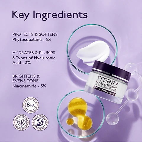 Image 1 - The image displays a light purple background with text listing Key Ingredients, PROTECTS & SOFTENS Phytosqualane - 5%, HYDRATES & PLUMPS 8 Types of Hyaluronic Acid - 3%, and BRIGHTENS & EVENS TONE Niacinamide - 5%, alongside a jar of By Terry Hyaluronic Global Face Cream with a dark lid, two petri dishes containing a white cream and a golden liquid, clear glass scientific instruments, and three circular badges that read Hyaluronic Acids 8HA Exclusive Technology, Vegan Formula, and Clean Formula. Image 2 - A jar of By Terry Hyaluronic Global Face Cream is centered on a purple background with translucent purple liquid drops, accompanied by text detailing its benefits; the visible text reads BY TERRY HYALURONIC GLOBAL FACE CREAM 8 HYALURONIC ACIDS*, ILLUMINATES Skin, SMOOTHS Lines & Wrinkles, REDUCES & FADES Ageing & Blemishes, HYDRATES & PLUMPS, RESTORES Elasticity & Texture. Image 3 - Four dark purple and white By Terry skincare products, including an eye serum tube, a global serum dropper, a face cream jar, and a glow setting mist, are displayed on a white background next to text outlining a skincare ritual and product details: Hyaluronic Skincare Ritual STEP 1: Hyaluronic Global Serum STEP 2: Hyaluronic Global Face Cream STEP 3: Hyaluronic Global Eye Serum STEP 4: Hyaluronic Glow Setting Mist BY TERRY HYALURONIC GLOBAL EYE SERUM 8X HYALURONIC ACIDS EXCLUSIVE TECHNOLOGY BY TERRY HYALURONIC GLOBAL SERUM 8X HYALURONIC ACIDS BY TERRY HYALURONIC GLOBAL FACE CREAM 8X HYALURONIC ACIDS & NIACINAMIDE EXCLUSIVE TECHNOLOGY BY TERRY HYALURONIC GLOW SETTING MIST 8X HYALURONIC ACID TYPES EXCLUSIVE TECHNOLOGY UP TO 16HRS PRIME - FIX - GLOW ULTRA CARE SPRAY PRÉPARATEUR ÉCLAT FIXATEUR MAQUILLAGE.