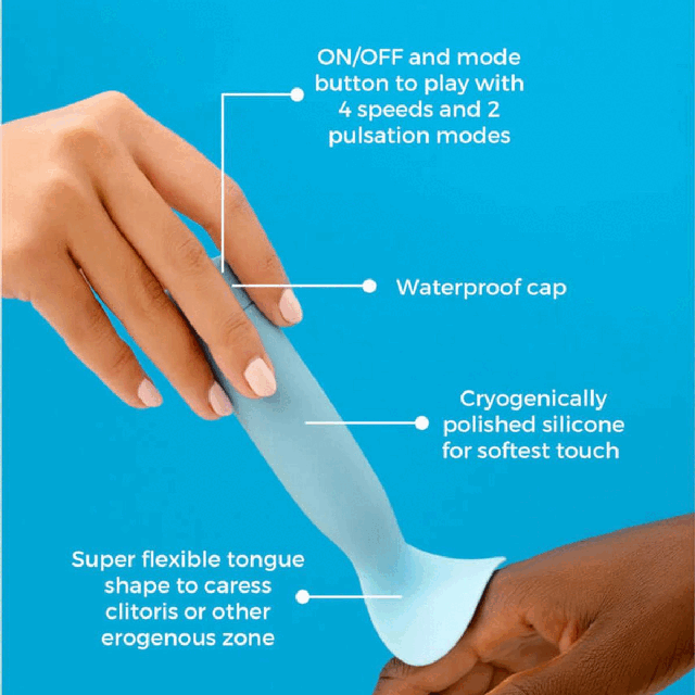 Image 1, ON/OFF Button and mode button to play with 4 speeds and 2 pulsation modes, waterproof cap, cyrogenically polished silicone for softest touch, super flexiable tongue shape to caress clitoris or other erogenous zone. Image 2, The French Lover, a delicate tongue vibrator for sensual play