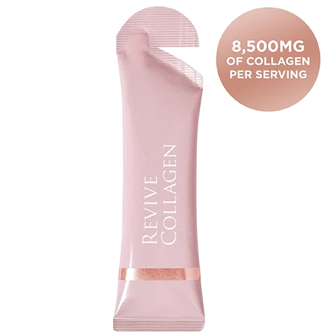 Image 1 - A light pink Revive Collagen sachet with a tear-off top, and a circular graphic showing 8,500MG OF COLLAGEN PER SERVING. Image 2 - A pink Revive Collagen sachet rests on a vibrant orange liquid spill against a pink background, with text describing the product benefits: REVIVE COLLAGEN ORIGINAL World-first collagen supplement for radiant skin & healthy hair. Packed with 8,500mg of Type 1 Marine Collagen. Hyaluronic Acid - Hero for skin hydration! Holds up to 1,000 x its weight in water. Aloe Vera Juice - An anti-inflammatory that helps soothe the skin. Great for eczema or acne prone skin. Great-tasting Citrus flavour! Image 3 - A before and after comparison shows a womans face in profile, with the left image depicting skin with severe acne and redness, and the right image showing significantly clearer skin with only minor blemishes. The visible text reads BEFORE and AFTER. Image 4 - A pink Revive Collagen sachet stands on the left, comparing to a pile of 20 white collagen tablets on the right, with text below stating x1 Revive Collagen Sachet 90% to 95% Absorption Rate equals x20 Collagen Tablet 30% to 40% Absorption Rate. Image 5 - A split image shows a womans face before and after skin treatment, with the left side displaying significant acne and redness, and the right side showing clear, smooth skin, labeled BEFORE and AFTER. Image 6 - An infographic titled HOW COLLAGEN IMPACTS OUR SKIN contains a bar graph showing COLLAGEN LEVELS IN THE BODY (%) decreasing with AGE from 20 to 60 years, and a section titled OUR SKIN AS WE AGE with three diagrams illustrating skin structure at 35 YEARS, 45 YEARS with visible WRINKLES, and 55 YEARS with deeper WRINKLES, along with a legend for HYALURONIC ACID, COLLAGEN, and ELASTIN.