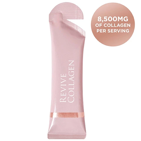 Image 1 - A pink sachet of Revive Collagen with a metallic band and a circular badge in the top right corner that reads 8,500MG OF COLLAGEN PER SERVING. Image 2 - A pink Revive Collagen sachet is partially submerged in orange liquid on a pink background, with product benefits listed on the left: REVIVE COLLAGEN ORIGINAL World-first collagen supplement for radiant skin & healthy hair. Packed with 8,500mg of Type 1 Marine Collagen. Hyaluronic Acid - Hero for skin hydration! Holds up to 1,000 x its weight in water. Aloe Vera Juice - An anti-inflammatory that helps soothe the skin. Great for eczema or acne prone skin. Great-tasting Citrus flavour! The visible text on the sachet reads REVIVE COLLAGEN. Image 3 - A womans face shown in a before and after comparison, with the before image on the left showing severe acne and redness, and the after image on the right showing significantly clearer skin with reduced blemishes, labeled BEFORE and AFTER. Image 4 - An image comparing a Revive Collagen sachet to 20 collagen tablets, showing x1 Revive Collagen Sachet 90% to 95% Absorption Rate equals x20 Collagen Tablet 30% to 40% Absorption Rate. Image 5 - A split image shows a womans face before and after treatment, with the left side showing severe acne and redness, and the right side showing clear, smooth skin with makeup, captioned Before and After. Image 6 - An infographic visually demonstrates how collagen impacts skin, featuring a bar chart indicating collagen levels decrease from 100% at age 20 to approximately 20% at age 60, and three comparative illustrations of skin structure at 35, 45, and 55 years showing reduced hyaluronic acid, collagen, and elastin along with developing wrinkles, with visible text reading How Collagen Impacts Our Skin, Collagen Levels in the Body (%), Age, Our Skin As We Age, 35 Years, 45 Years, 55 Years, Epidermis, Dermis, Subcutaneous Fat, Wrinkles, Hyaluronic Acid, Collagen, Elastin.