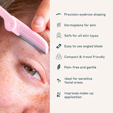 Image 1 - A person with light skin and freckles is using a pink eyebrow razor to shape their eyebrows, while text on the right lists benefits of the product including precision eyebrow shaping, dermaplane for skin, safe for all skin types, easy to use angled blade, compact & travel friendly, pain-free and gentle, ideal for sensitive facial areas, and improves make-up application.
