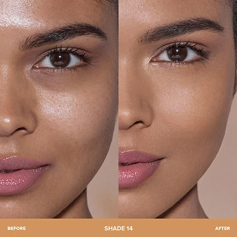 Image 2 - A split image shows a womans face, with the left side showing visible pores and undereye darkness before makeup, and the right side showing a smoother, more even complexion after makeup, with text that reads BEFORE SHADE 14 AFTER. Image 4 - Three Anastasia Beverly Hills makeup sticks with rose gold caps stand in a pool of liquid foundation on a light textured background, next to text that reads Medium to Full Coverage with a Second-Skin Finish, Ultra-Smooth, Creamy, Lightweight Formula, Multi-Use to Conceal, Correct, Brighten + Blur. Image 5 - Three black bottles with gold Anastasia Beverly Hills branding dispense three different shades of liquid makeup onto a light wooden surface, beside text listing product benefits: HELPS TO MOISTURIZE using Plant-based glycerin, SOOTHES + CALMS with Licorice root, HELPS BLUR IMPERFECTIONS using soft focus powders, and HELPS WITH IMMEDIATE ADHESION using Amino acid coated pigments. Image 6 - A split image shows a womans face before and after makeup application, with the left side displaying unblended light and dark contour and highlight lines on her face, and the right side showing her face with a smooth, blended, and skin-like contoured finish; below are a concealer tube with an applicator labeled ANASTASIA BEVERLY HILLS and a contour stick, accompanied by the text PAIR WITH Magic Touch Concealer for natural highlight + contour with a skin-like finish.