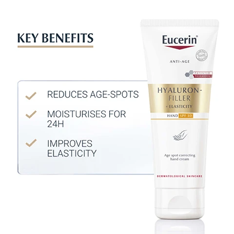 Image 1 - Image of a Eucerin hand cream tube labeled Hyaluron-Filler + Elasticity Hand SPF 30 with key benefits listed: reduces age-spots, moisturises for 24H, and improves elasticity.
Image 2 - A hand holding a tube of Eucerin Hyaluron-Filler Elasticity hand cream, with icons and text on the right side indicating hand, anti-age, and moisturising.
Image 3 - Alt text: A soft-focus background with bubbles and a beige overlay contains the text CLINICALLY PROVEN RESULTS 91% CONFIRM:* MAKES YOUR HAND APPEAR YOUNGER *Product-in-use test with 120 volunteers, results after 4 weeks application.
Image 4 - A creamy skincare product is shown on a white background with labels pointing to its ingredients: ARCTIIN, THIAMIDOL, and HYALURONIC ACID.
Image 5 - Image showing a cream or lotion with text highlighting key ingredients: Thiamidol which reduces age-spots and prevents their appearance, Arctiin which accelerates the collagen renewal process in skin cells, and Hyaluronic Acid which helps skin maintain its natural moisture balance without drying.