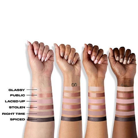 Image 1 - Four arms with varying skin tones are swatched with six eyeshadow shades, labeled GLASSY, PUBLIC, LACED UP, STOLEN, RIGHT TIME, and SPICED. Image 2 - An open Urban Decay Naked 3 Mini eyeshadow palette showing six rosy neutral shades and swatches with text that says EVERYDAY ROSY NEUTRALS MINI HIGH-PAYOFF NEUTRALS CREAMY TEXTURE BLENDS SEAMLESSLY LASTS ALL DAY PERFECTLY SIZED FOR ON-THE-GO. Image 3 - A close-up portrait of a woman with eye and lip makeup, wearing hoop earrings, with the text KIARA WEARS RIGHT TIME, PUBLIC, GLASSY, SPICED. Image 4 - Three Urban Decay Naked eyeshadow palettes including an open Naked palette an open Naked 3 Mini and a closed Naked 2 Basics are shown along with the text A PALETTE FOR EVERY MOOD NAKED URBAN DECAY NAKED3 URBAN DECAY MINI NAKED2 URBAN DECAY BASICS.