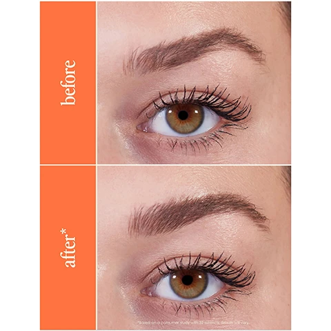 Image 1 - The image shows two side-by-side comparisons of a persons eye, labeled before on the top left and after on the bottom left, highlighting differences in eyelash appearance and eyebrow shape, with the text before above the first image and after* above the second image.
Image 2 - A makeup product is displayed on a bright orange background, featuring a brow gel tube with a brush applicator, accompanied by text that reads, give your brows a natural looking boost, infused with conditioning peptides for healthier looking brows, infused with volumizing fibers to add volume to brows, soft flexible hold that is never stiff or crunchy, cruelty-free formula made in Italy.
Image 3 - A woman with long dark hair applies brow gel with a brush, against an orange background, featuring text that says Instantly: adds volume + flexible hold and Over time: conditioned, healthier looking brows.
Image 4 - A close-up of a woman applying brow gel with a brush, showing her well-groomed eyebrows and a radiant smile, with the text 100% said it set brow hairs in place* at the bottom and a note about a consumer study at the bottom right.
Image 5 - A woman with curly hair is puckering her lips while holding a brow product, with the text perfectly natural brows! and a quote saying Its so easy to use and looks natural without having to go to a salon on an orange background.